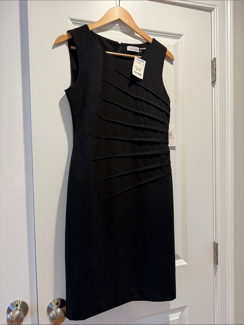 Calvin Klein Black Sleeveless Pleated Sheath Dress with Diagonal Ruching